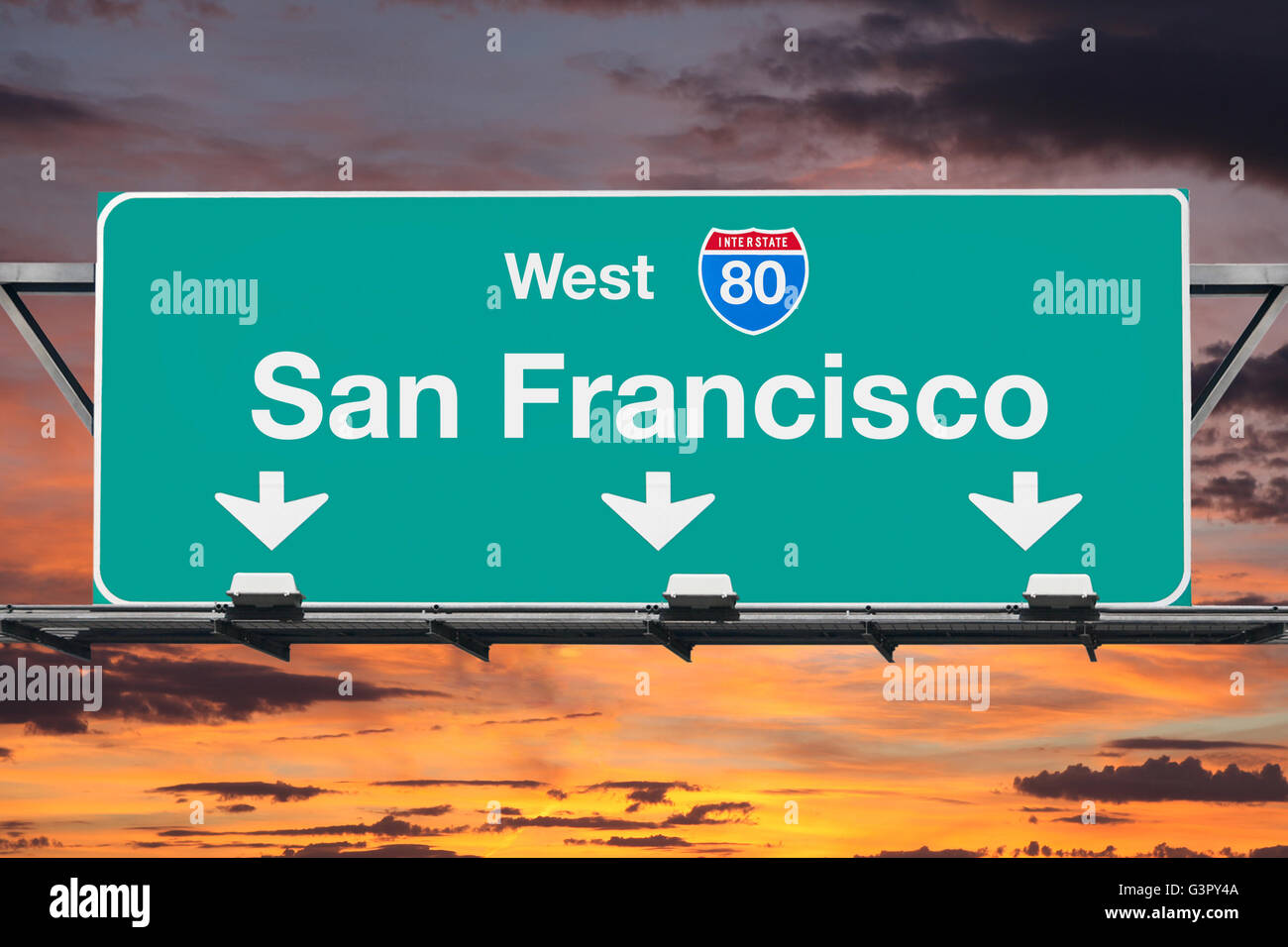 San Francisco Interstate 80 west highway sign with sunrise sky. Stock Photo