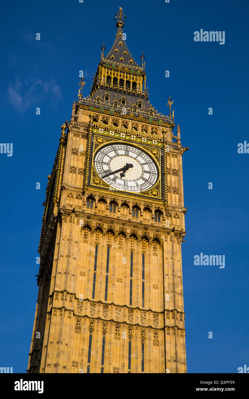 The Elizabeth Tower, which contains the iconic bell named Big Ben, at the Houses of Parliament in London. Stock Photo
