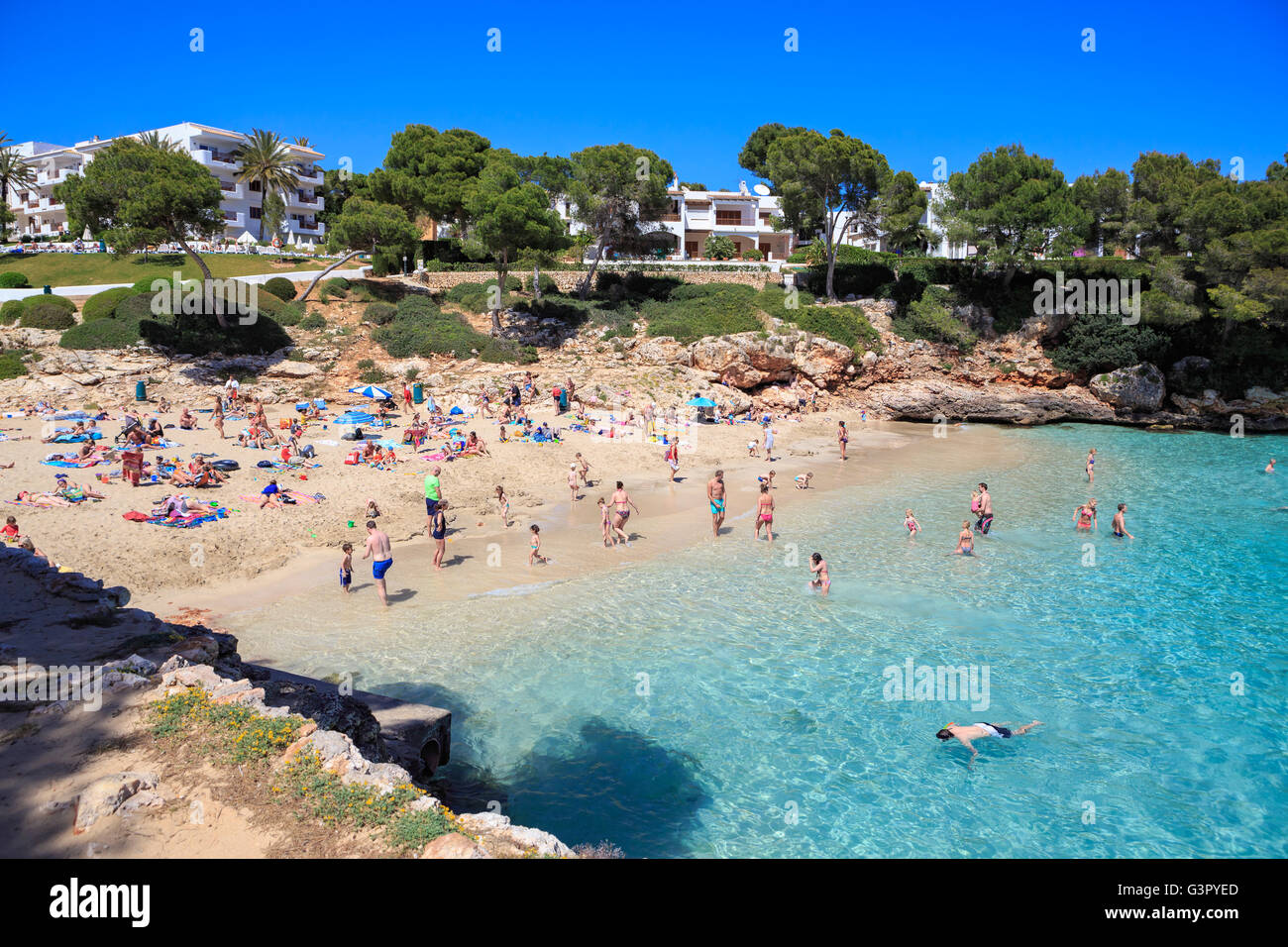 MALLORCA, BALEARIC ISLANDS, SPAIN - CIRCA MAI, 2016:  The Cala Esmeralda bay at Cala Dor on Mallorca Island, the Balearic Island Stock Photo