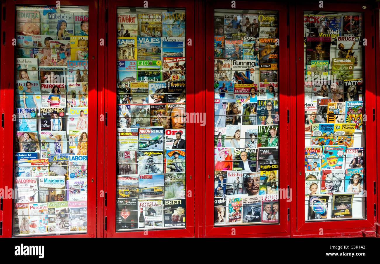 A Spanish magazine stall showing a large selection of magazines in Cartagena Murcia Spain Stock Photo