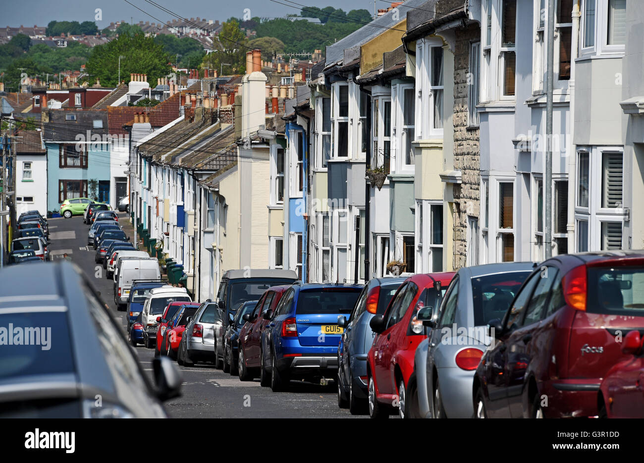 Typical narrow streets with cars parked in Hanover district of Brighton