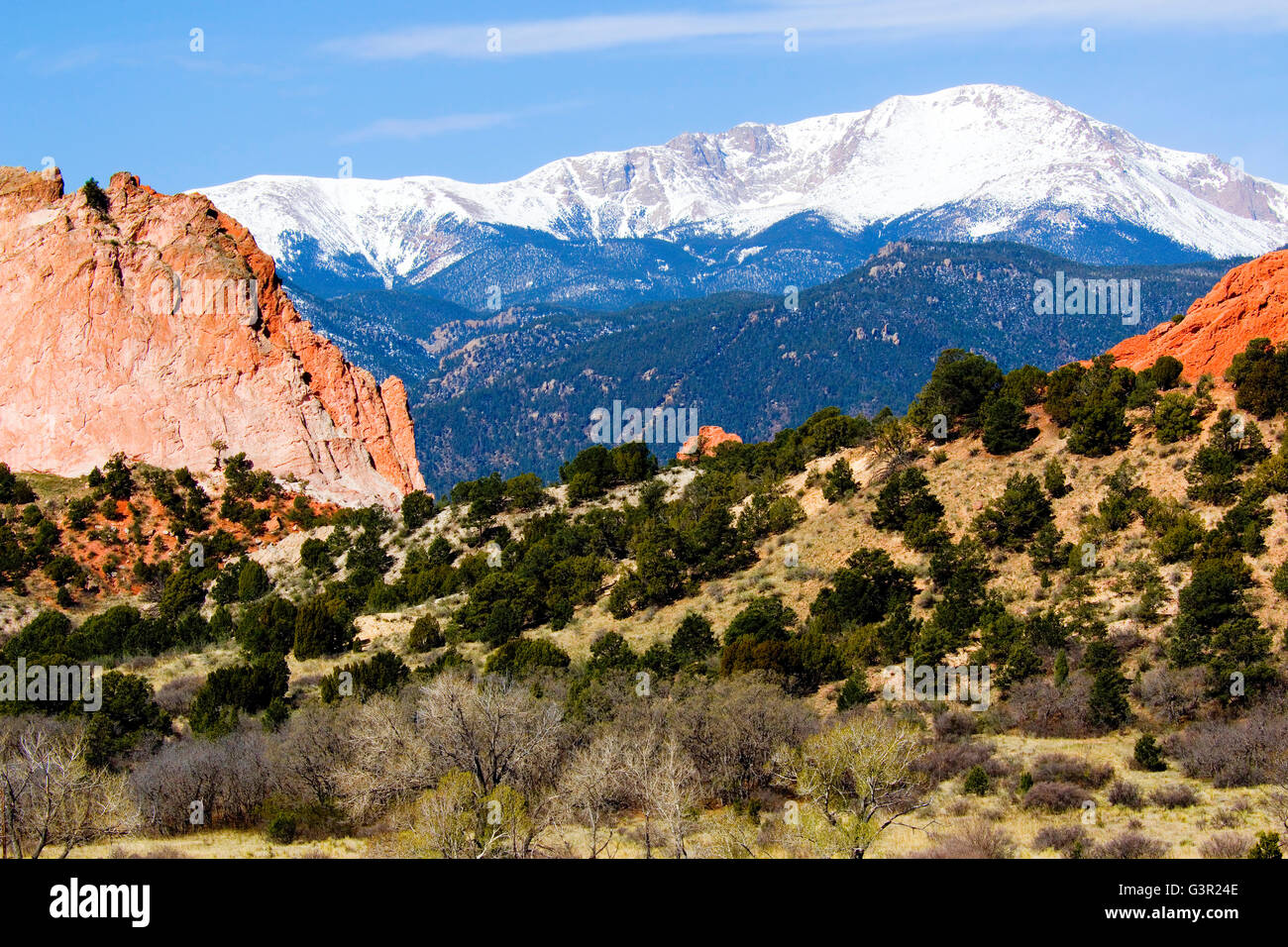Garden of the Gods and Pikes Peak Stock Photo