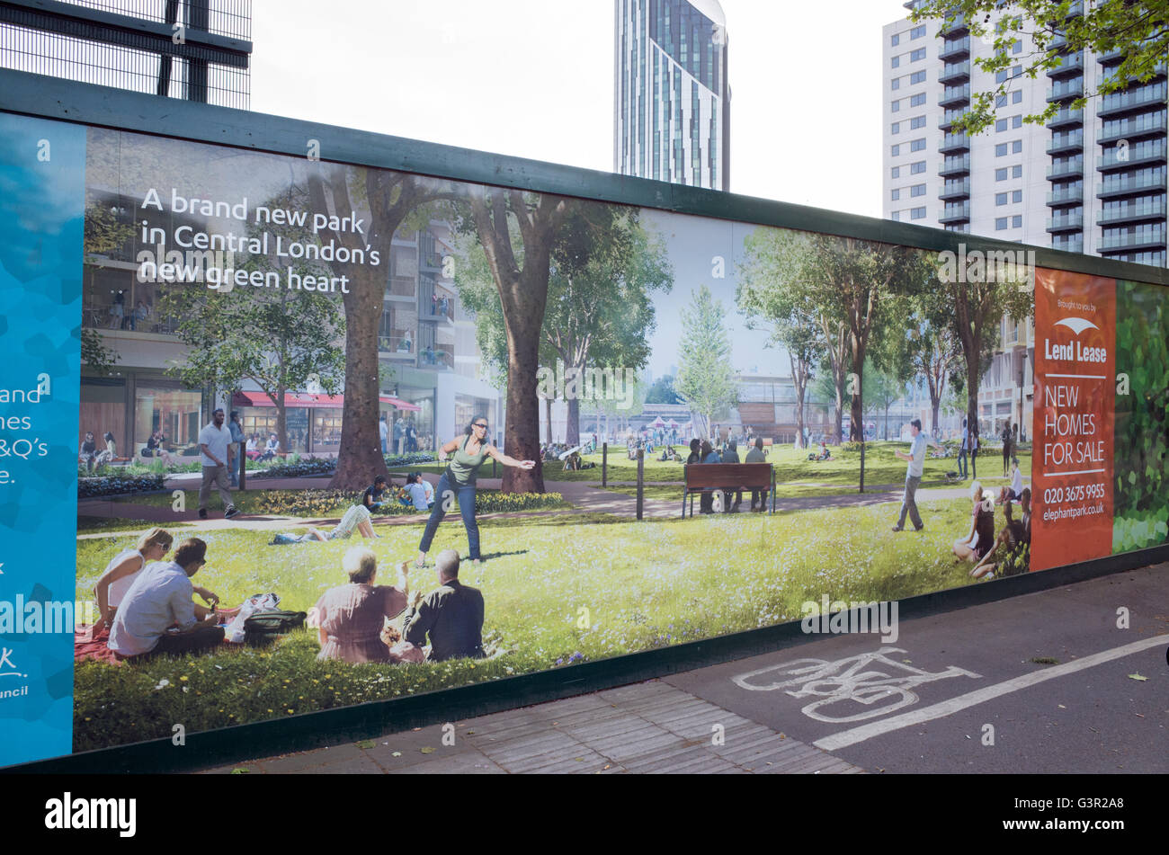 CGI of a new housing development on panel boards surrounding construction site at Elephant and Castle, London, UK Stock Photo