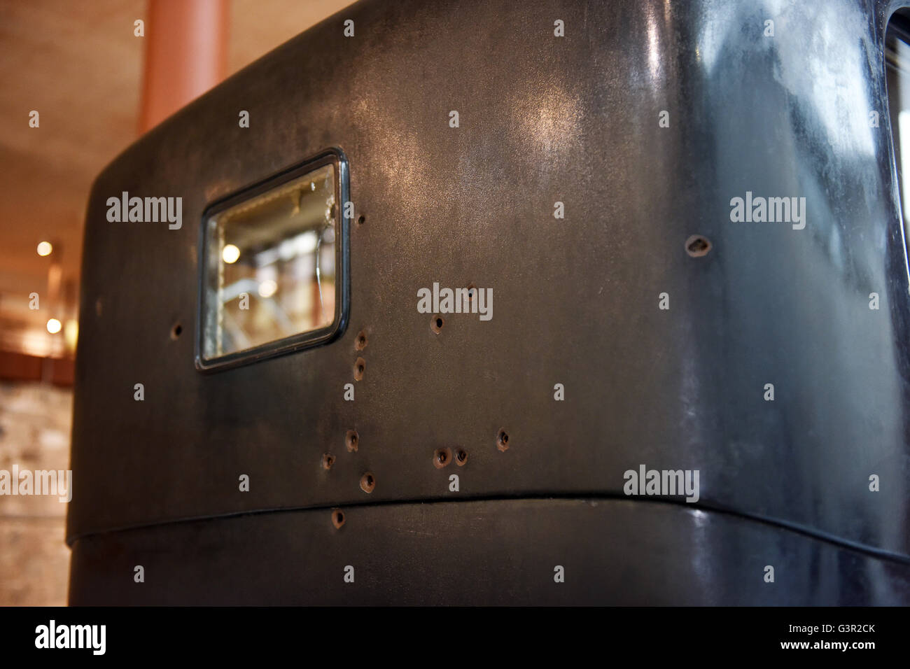 Bullet holes in the Marmon 34 automobile car vehicle in which Spanish political leader and three-time prime minister Eduardo Dat Stock Photo