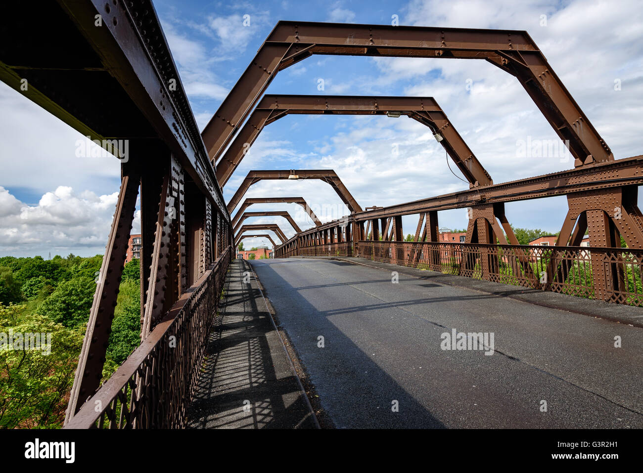 The Warrington Transporter Bridge across the River Mersey is a structural steel transporter bridge. Stock Photo