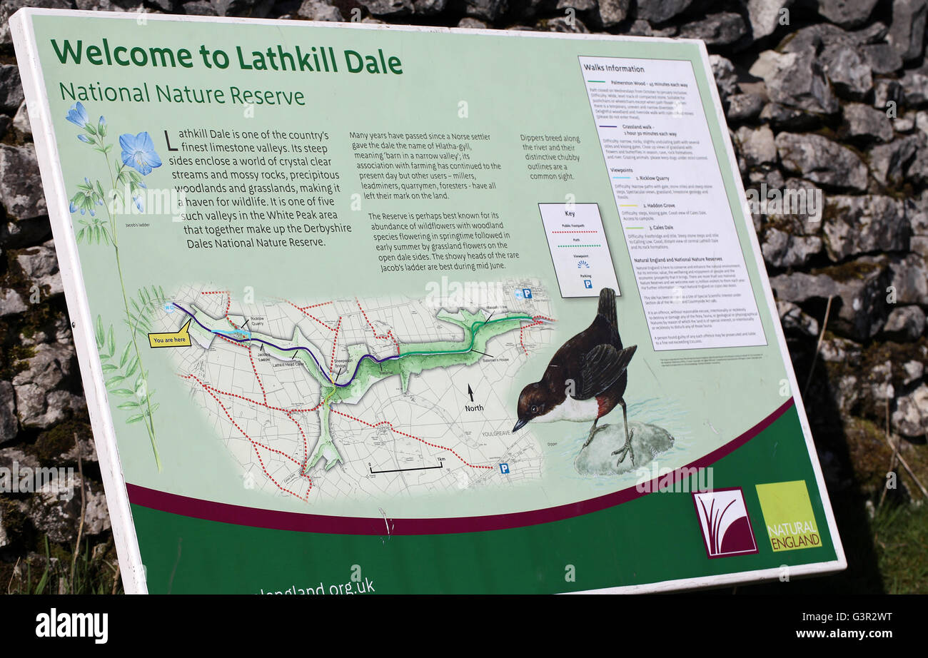 Tourist information board at Lathkill Dale in the Peak District National Park Stock Photo
