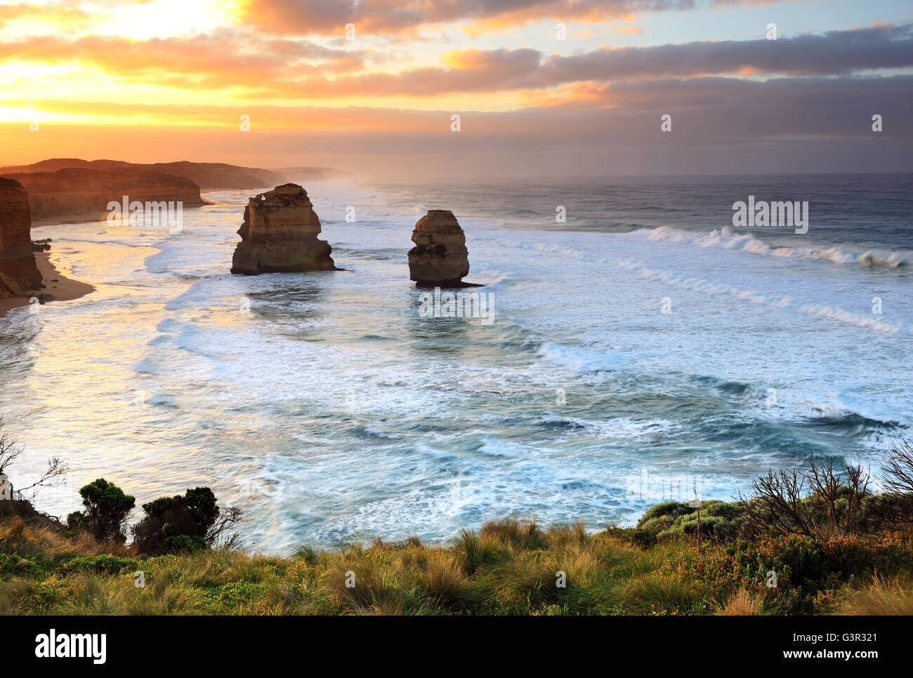 Spectacular sunrise of Gibson Steps near the Twelve Apostles in Port Campbell National Park, Great Ocean Road, Victoria Stock Photo
