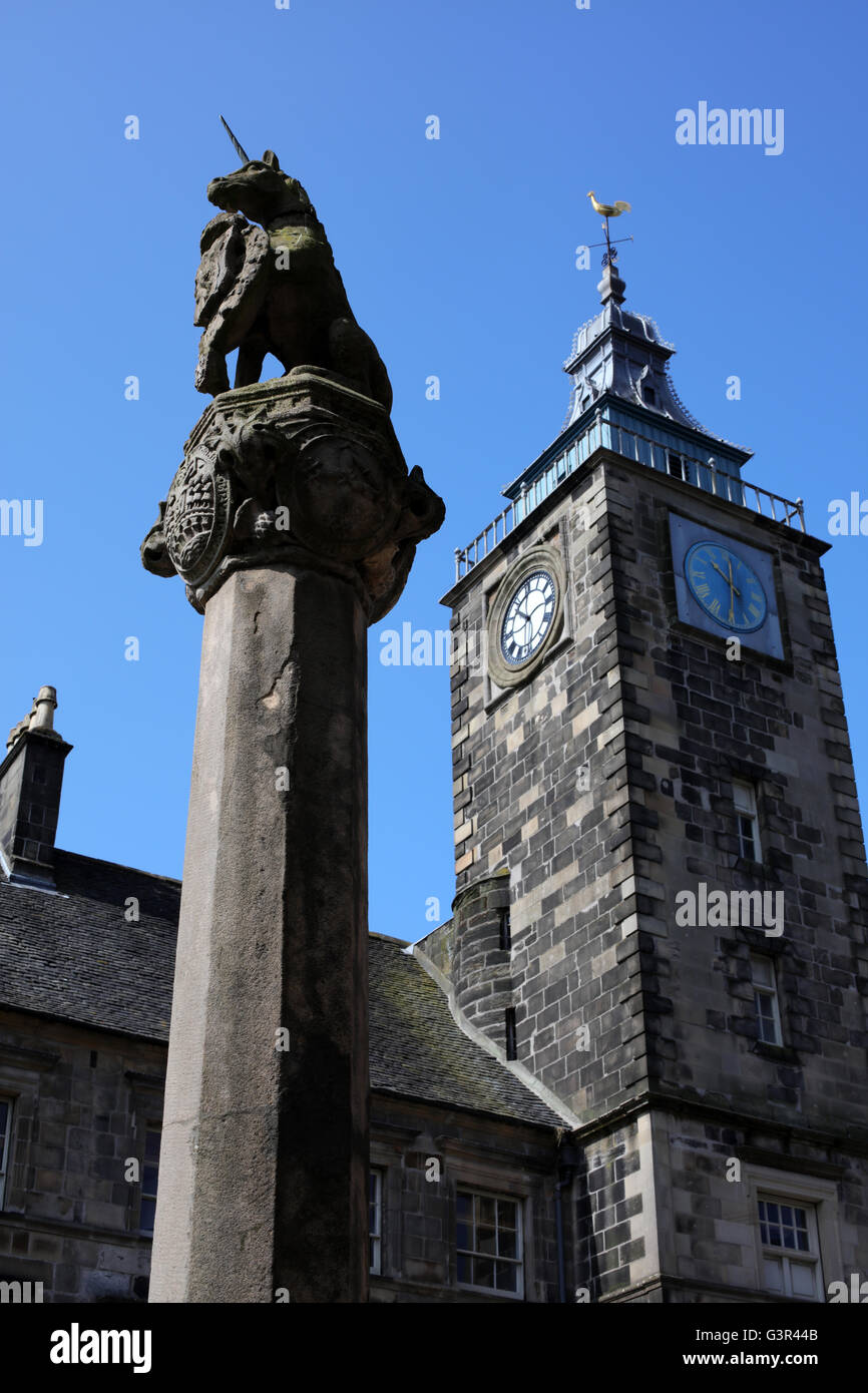 Unicorn statue and Tolbooth - Old town - Stirling - Stirlingshire - Scotland - UK Stock Photo
