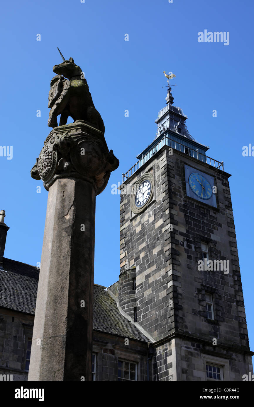 Unicorn statue and Tolbooth Old town Stirling Stirlingshire