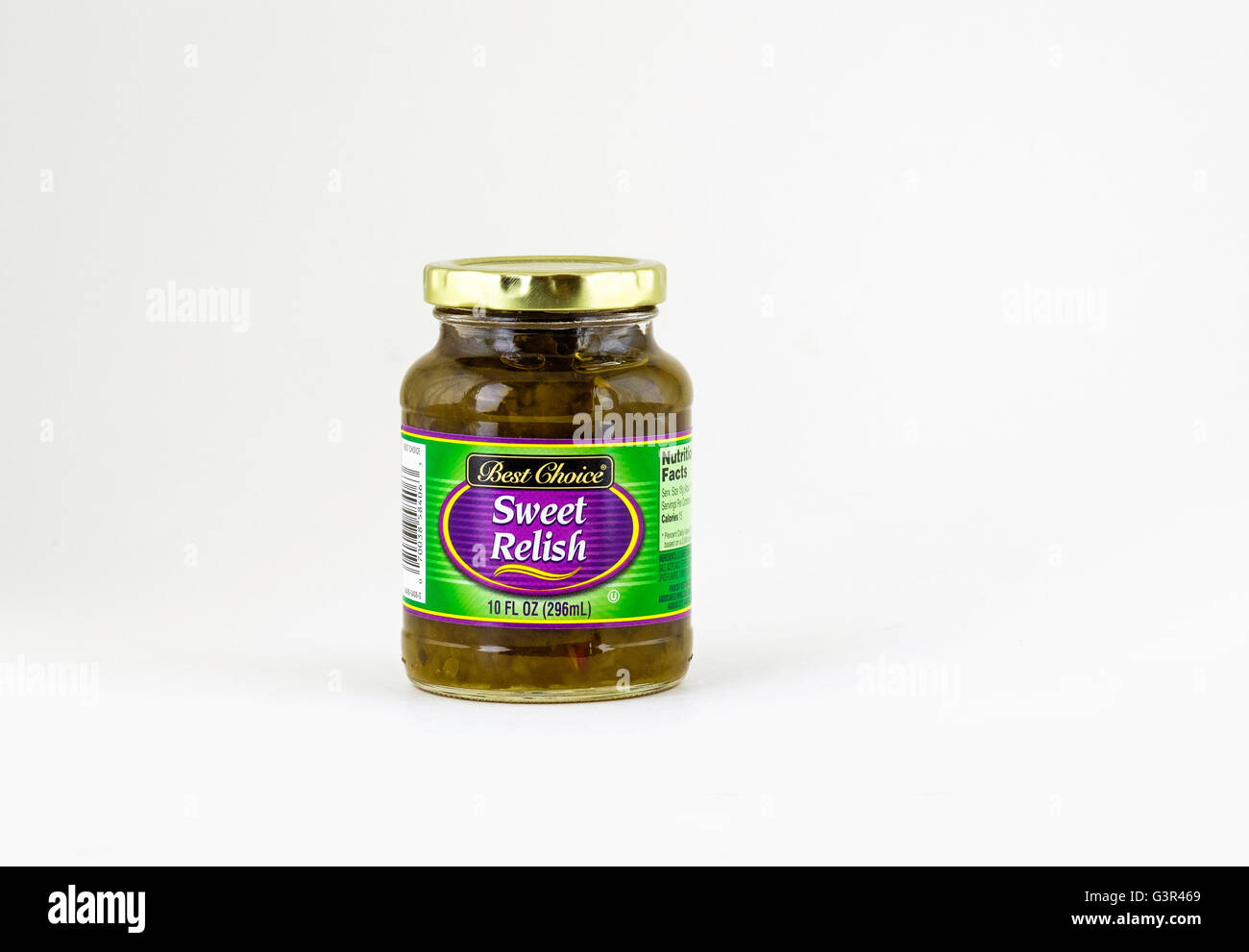 A jar of Best Choice sweet relish, a store brand. Cutout, USA. Stock Photo
