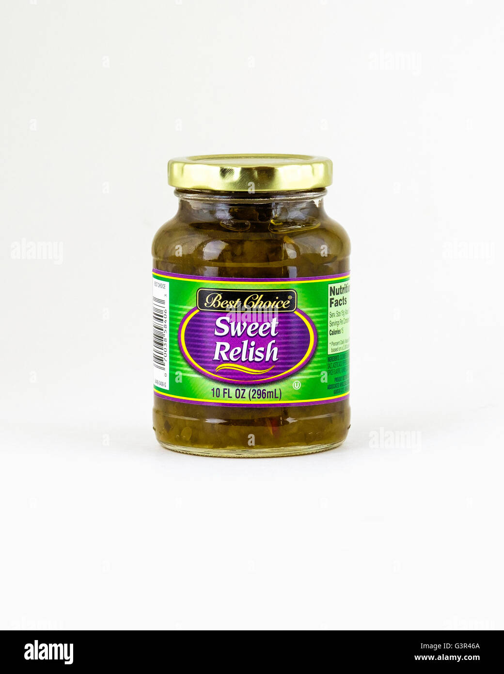 A jar of Best Choice sweet relish, a store brand. Cutout, USA. Stock Photo