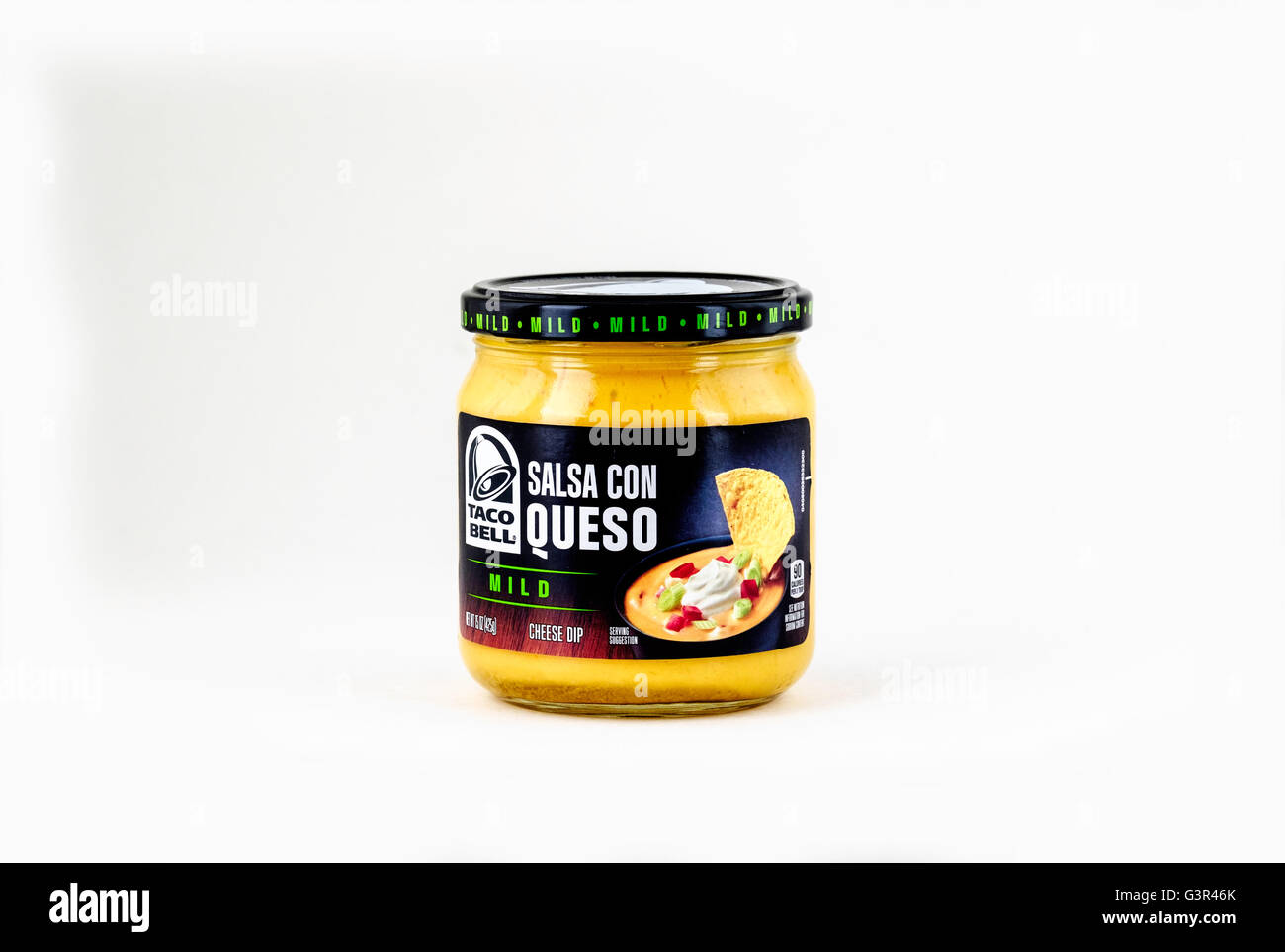 A jar of Taco Bell Salsa Con Queso, a cheesy Mexican-flavored dip. Cutout, USA. Stock Photo