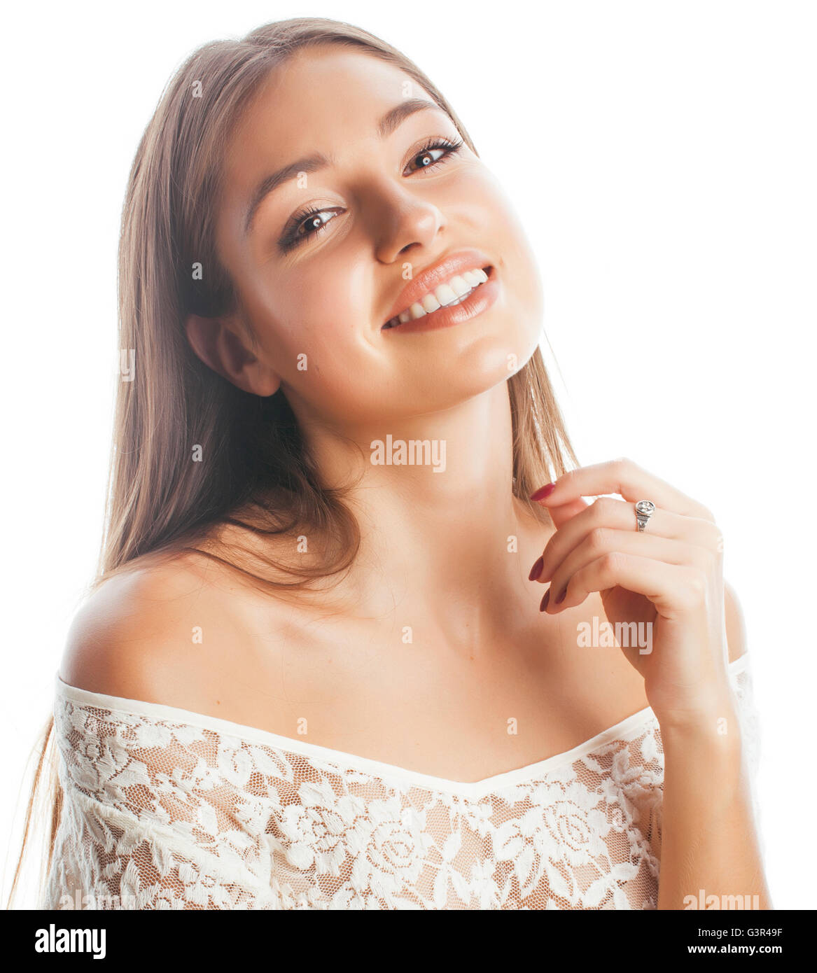 young beauty woman smiling dreaming isolated on white close up ...