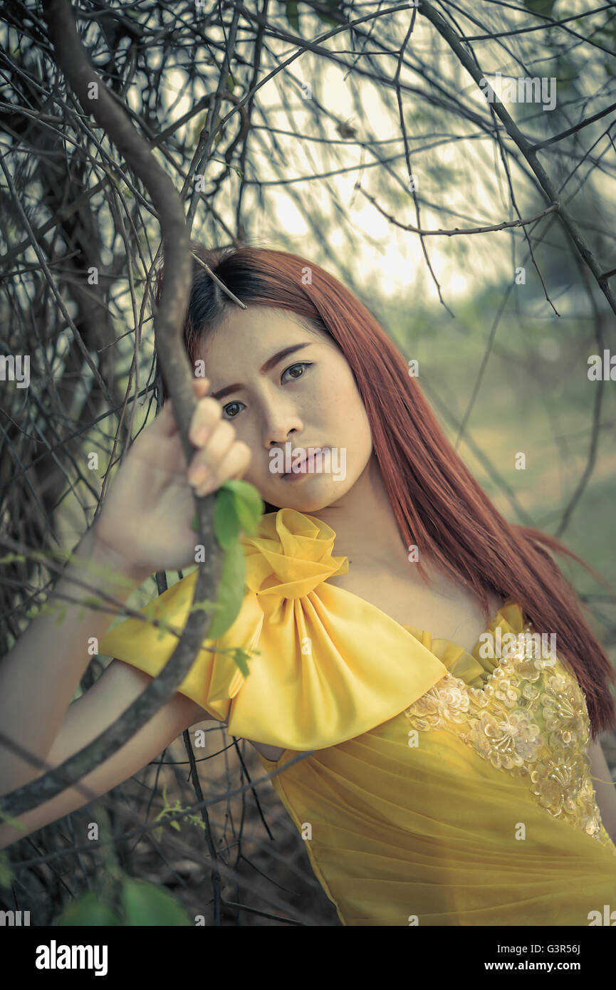 Portrait of Asia Beautiful woman in yellow dress on nature Stock Photo ...