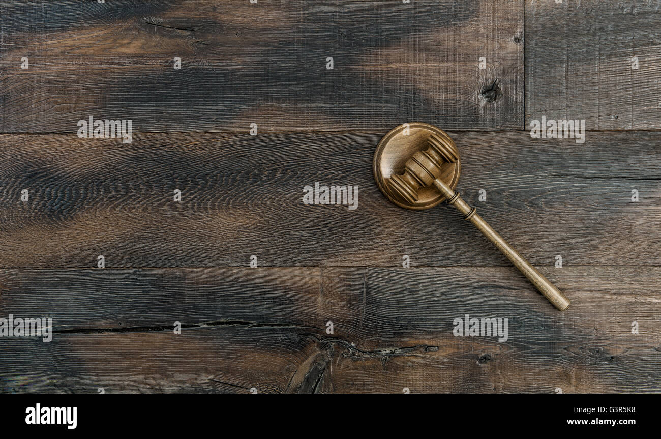 Judges Gavel with Soundboard. Auctioneer hammer on rustic wooden background Stock Photo