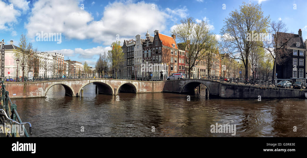 Panorama of the corner Keizersgracht and Leidsegracht in downtown Amsterdam, Netherlands in spring. Stock Photo