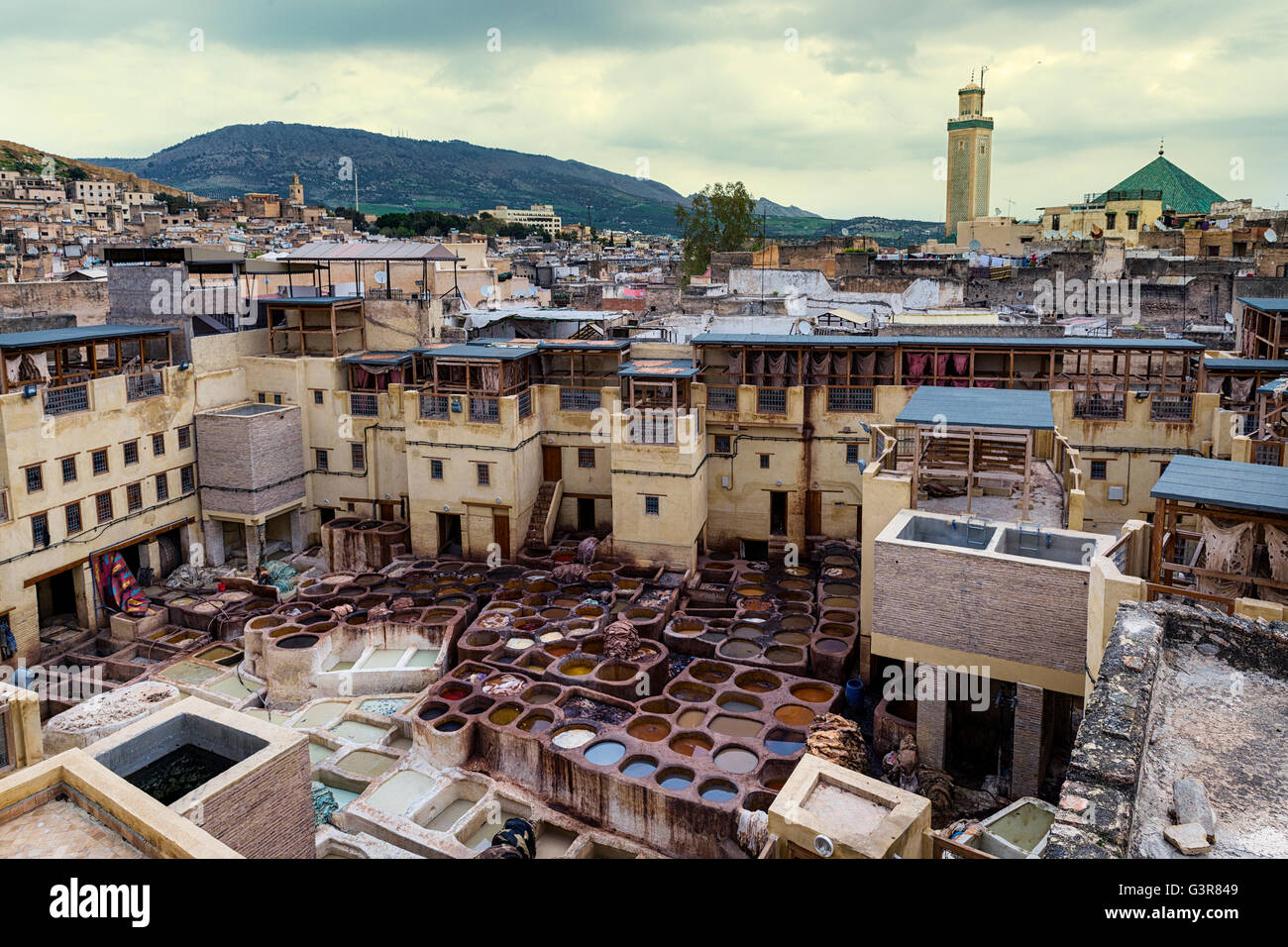 View of a tannery in the city of Fez, in Morocco Stock Photo