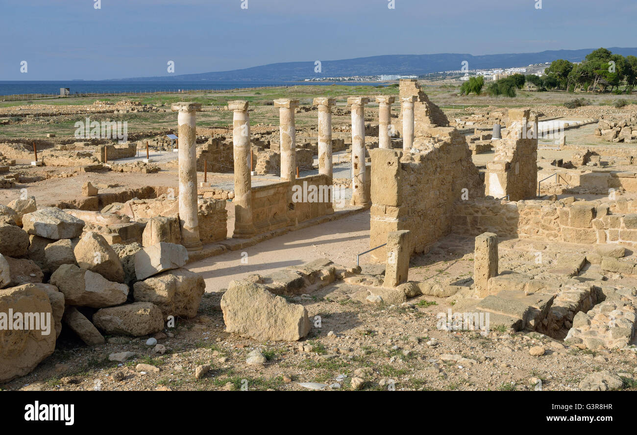Roman Temple Columns, Kato Pafos Archaeological Site, Paphos, Cyprus Stock Photo