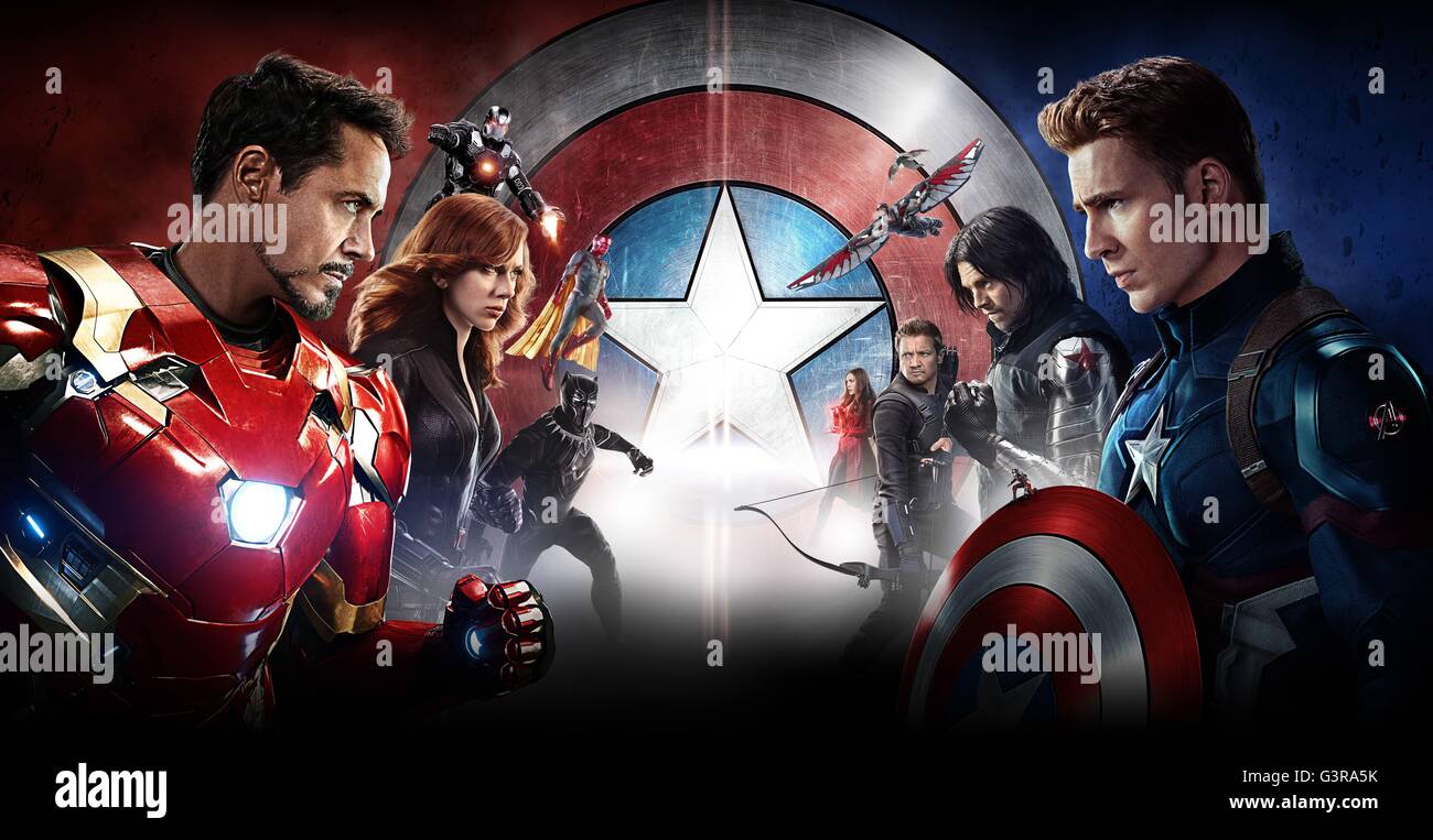 Captain America: Civil War  Year : 2016 USA Director : Anthony Russo, Joe Russo  Robert Downey Jr., Scarlett Johansson, Sebastian Stan, Chris Evans Art Work Stock Photo
