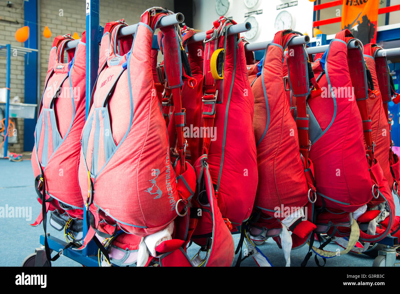 parachutes at rack at jump centre texel holland Stock Photo
