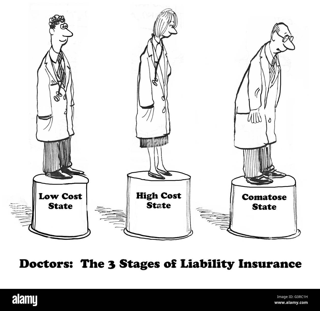 Medical cartoon about physician liability insurance. Stock Photo