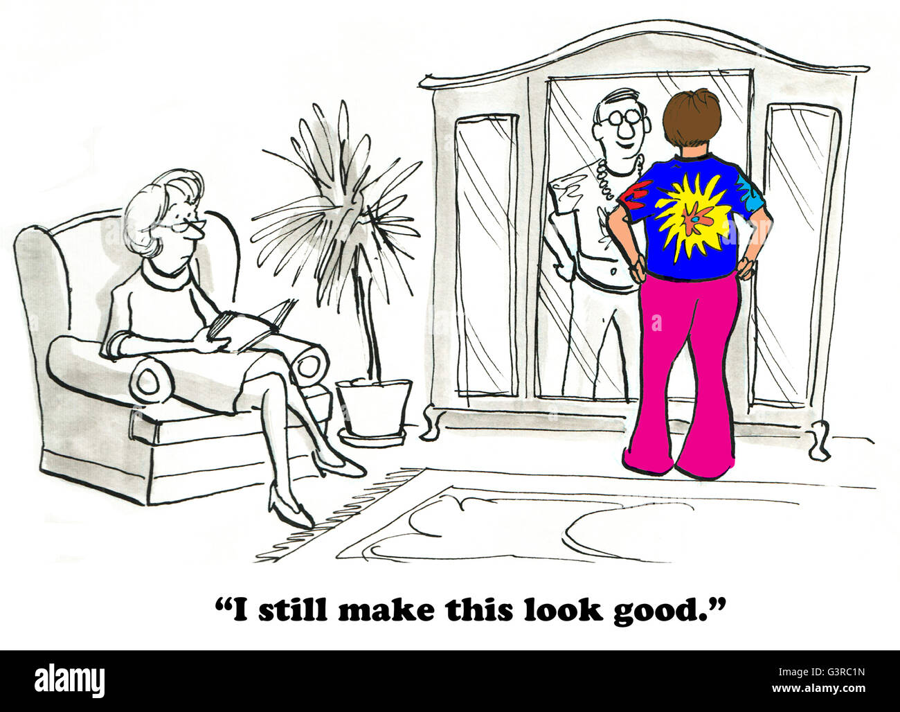 Cartoon about memories and 1960s clothes. Stock Photo