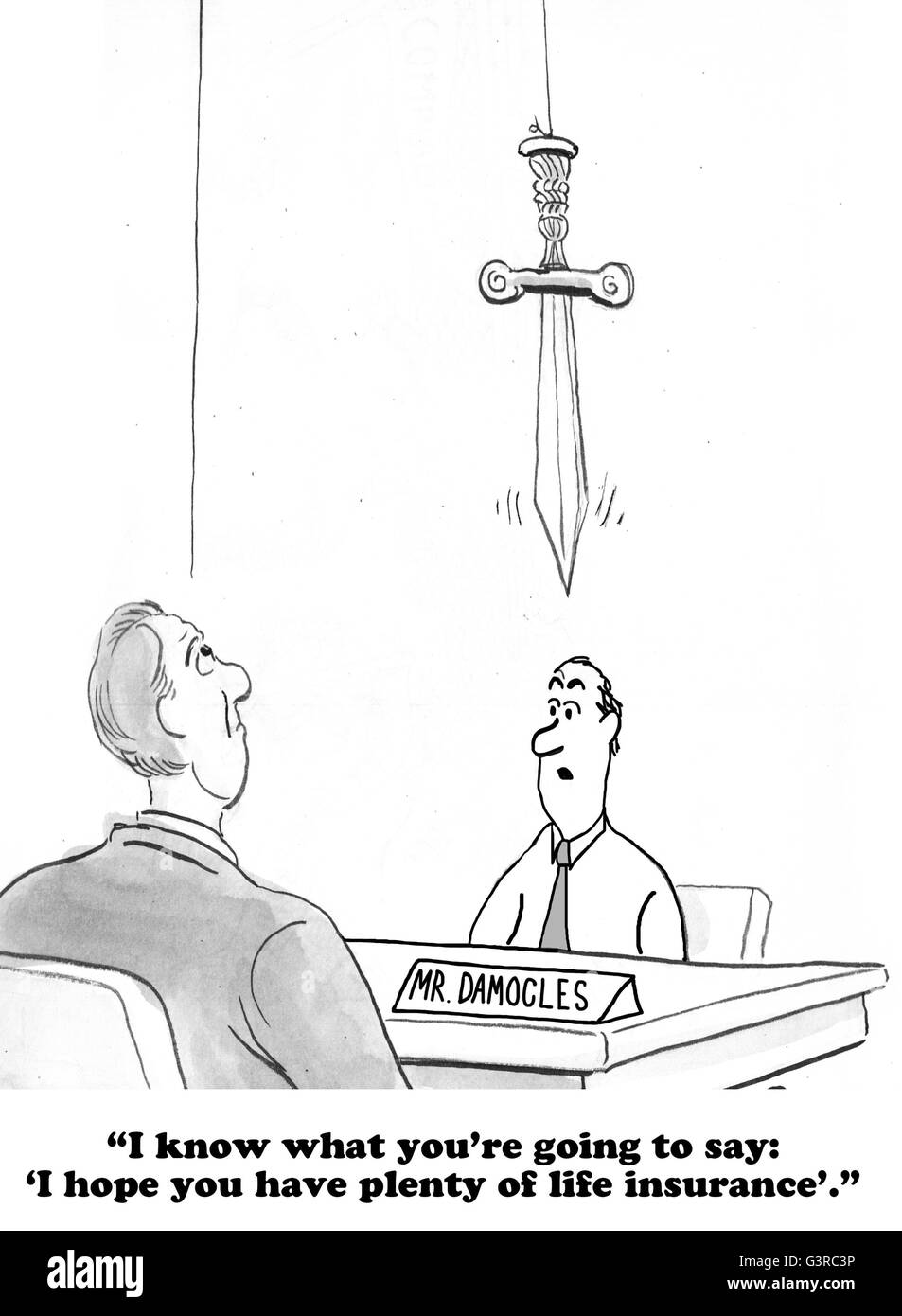 Business cartoon about needing life insurance. Stock Photo
