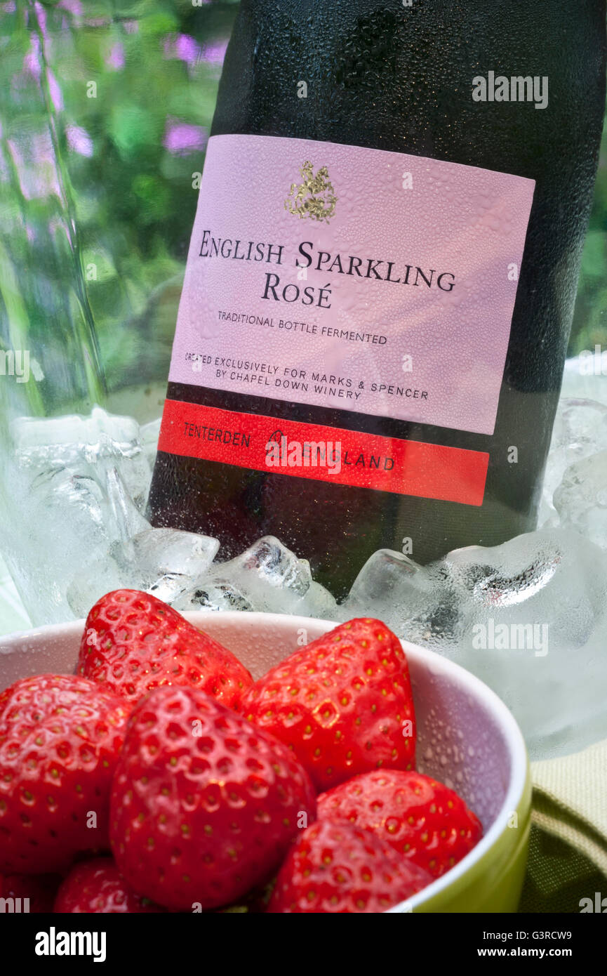 English Sparkling Rosé wine bottle in iced wine chiller with bowl of fresh strawberries on alfresco picnic table Stock Photo