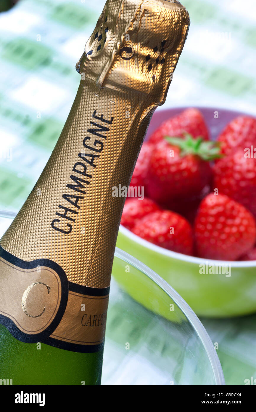 Close view on Champagne bottle in wine chiller with bowl of fresh strawberries on alfresco picnic table Stock Photo