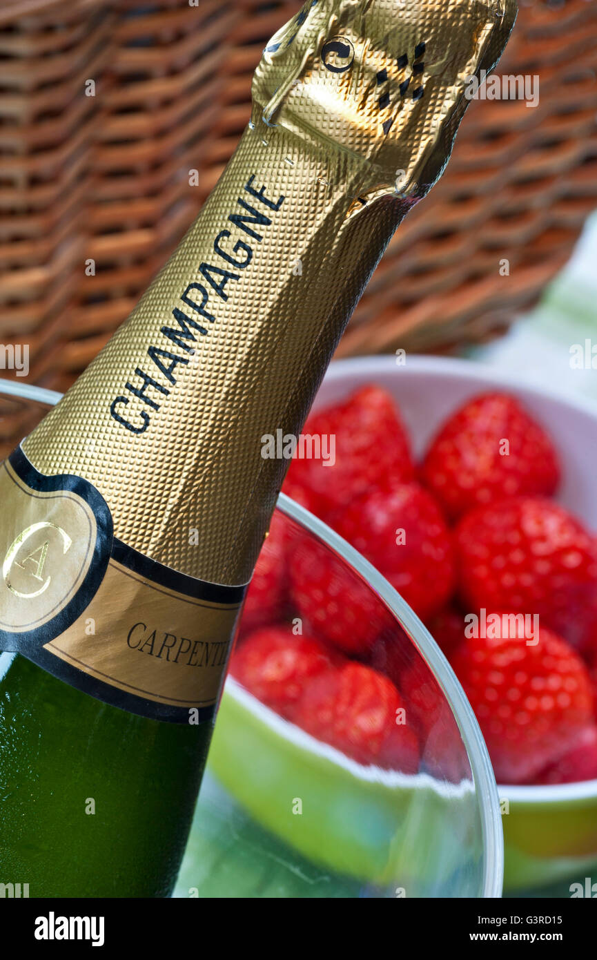 Champagne bottle in wine chiller with bowl of fresh strawberries on picnic table with wicker hamper behind Stock Photo