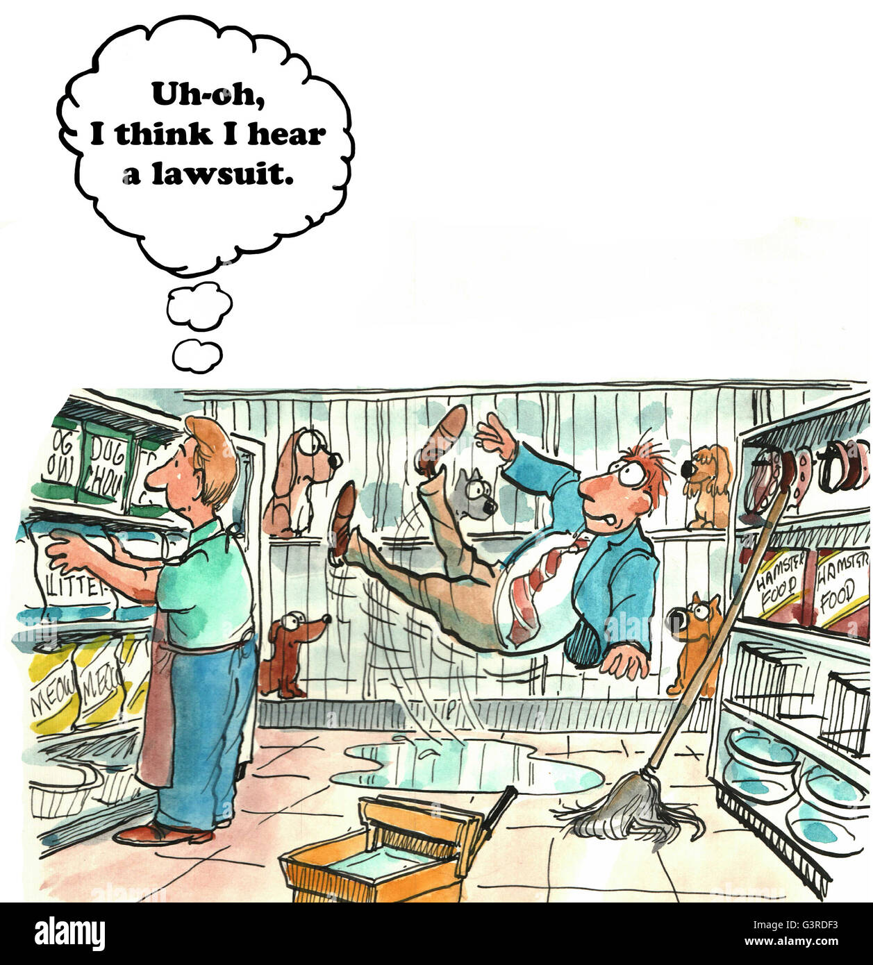 Legal cartoon about a customer who falls and sues the store. Stock Photo