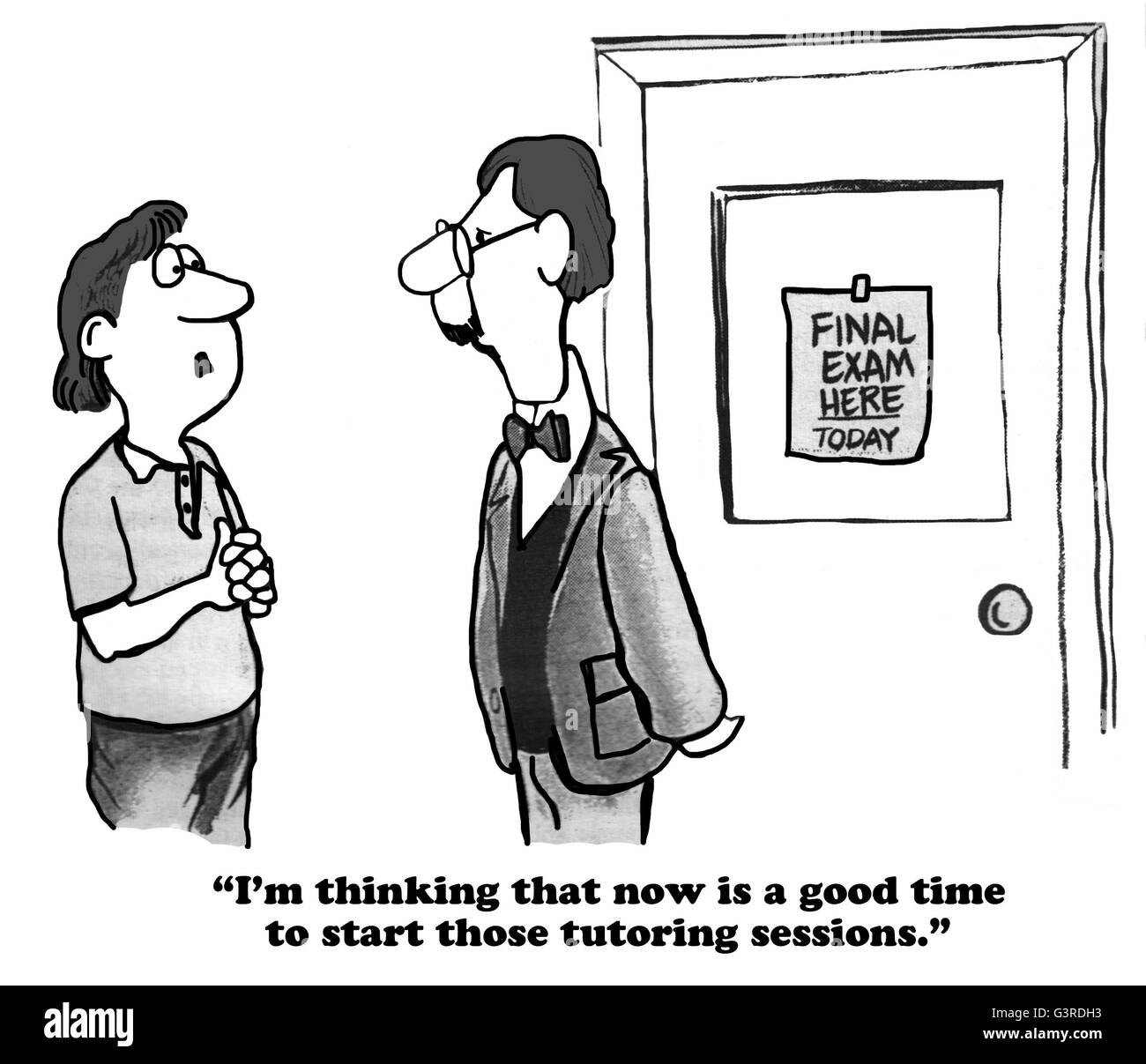 Education cartoon about a student wanting tutoring on the day of the final exam. Stock Photo