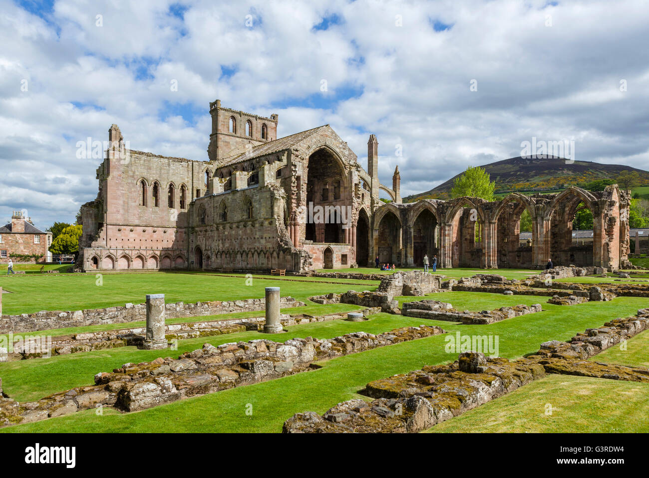 Ruins of Melrose Abbey (St Mary's Abbey), a Cistercian monastery founded in 1136 in Melrose, Scottish Borders, Scotland, UK Stock Photo