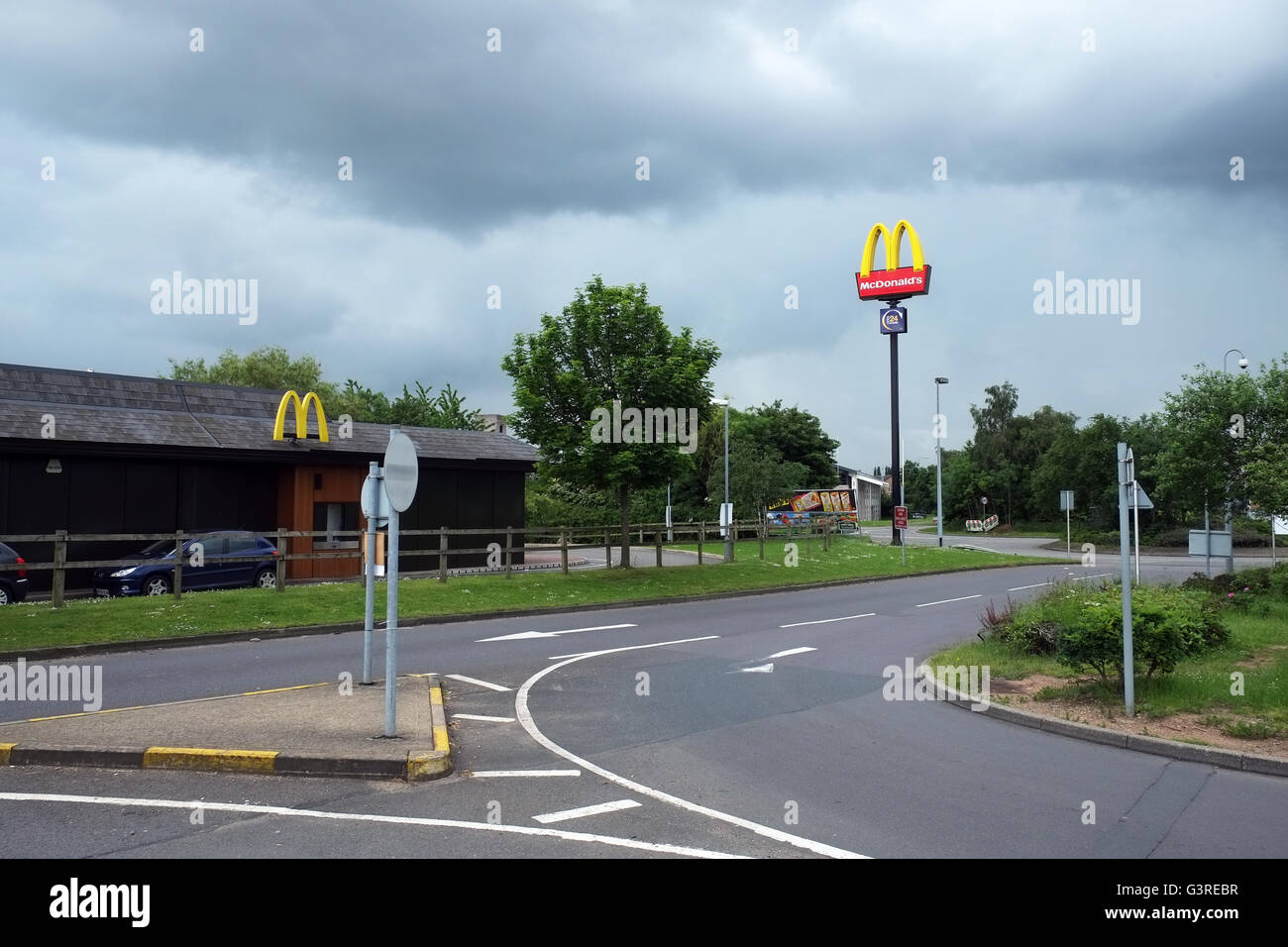 McDonalds drive through fast food restaurant in Corby, England, UK. Stock Photo