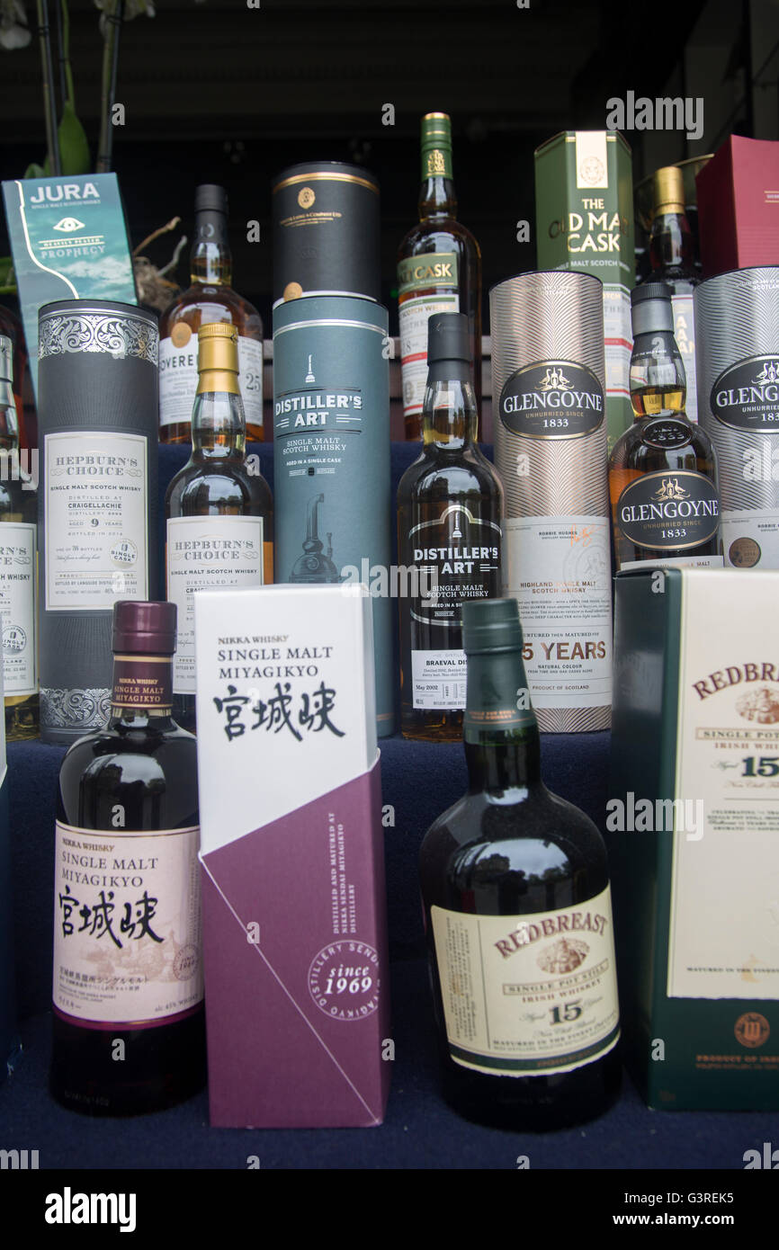 Glengoyne, Hepburn's Choice, Distiller's Art and Miyagikyo Whisky Bottles; Edinburgh; Scotland Stock Photo