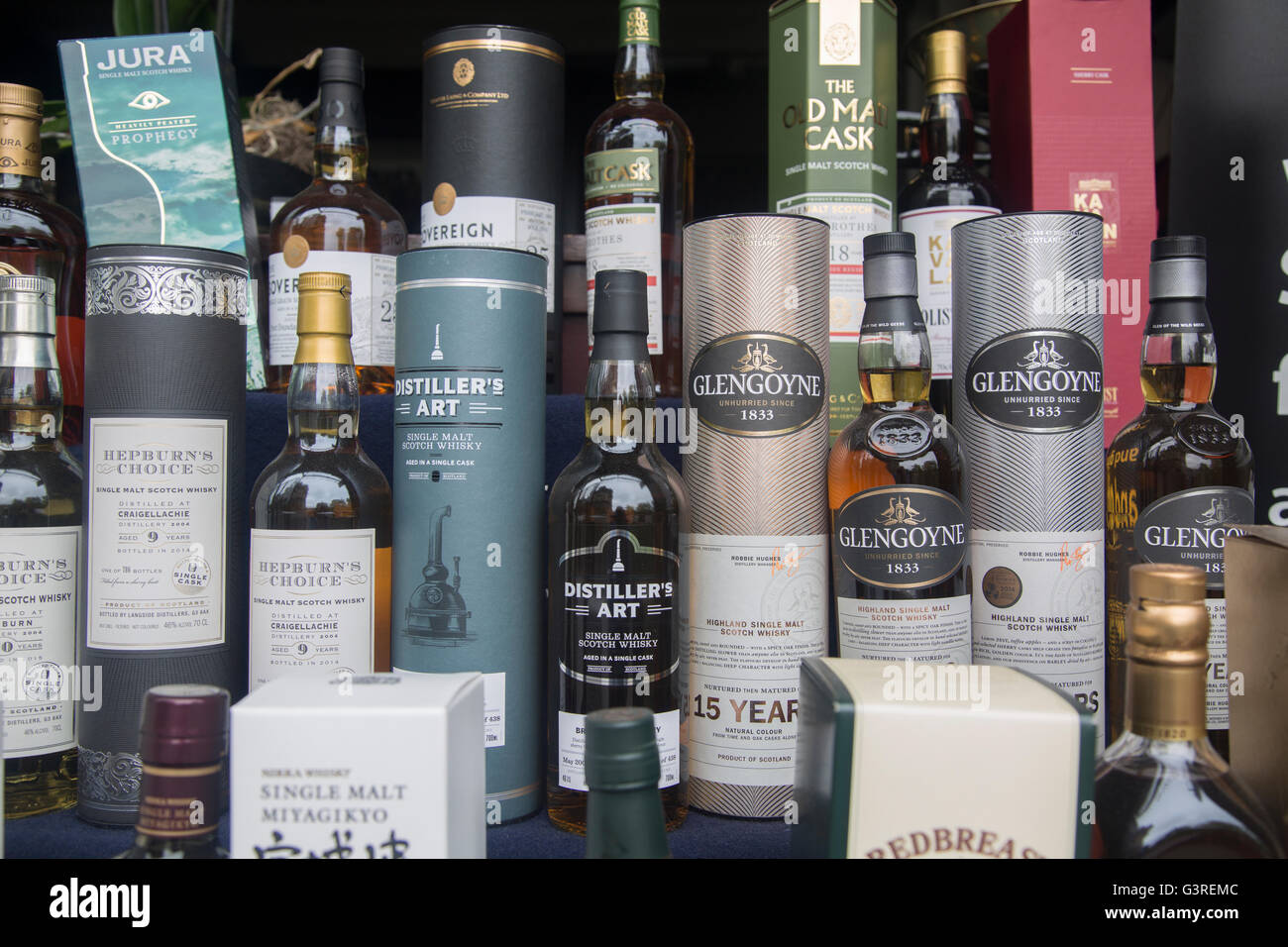 Glengoyne and Distiller's Art Whisky Bottles; Edinburgh; Scotland Stock Photo