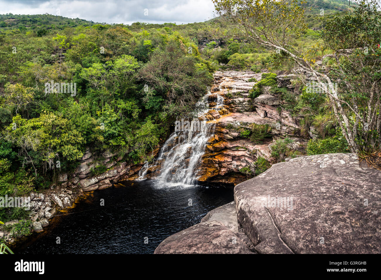 Poço do Diabo waterfall and river Mucugezinho, Chapada Diamantina, Bahia, Brazil Stock Photo