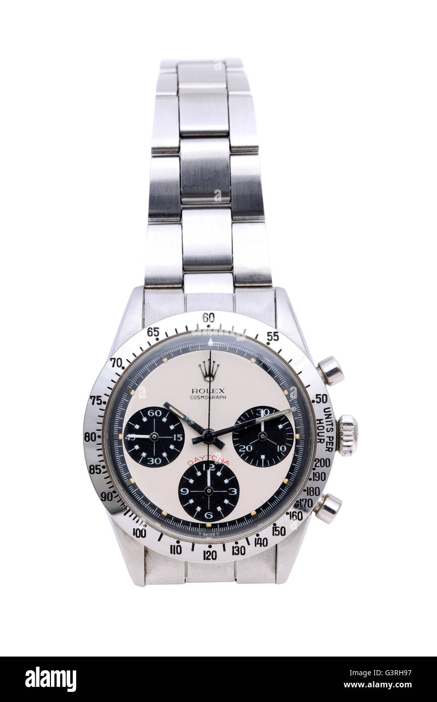 'Rolex cosmograph daytona' vintage wrist watch in a display window of vintage-shop on white background Stock Photo
