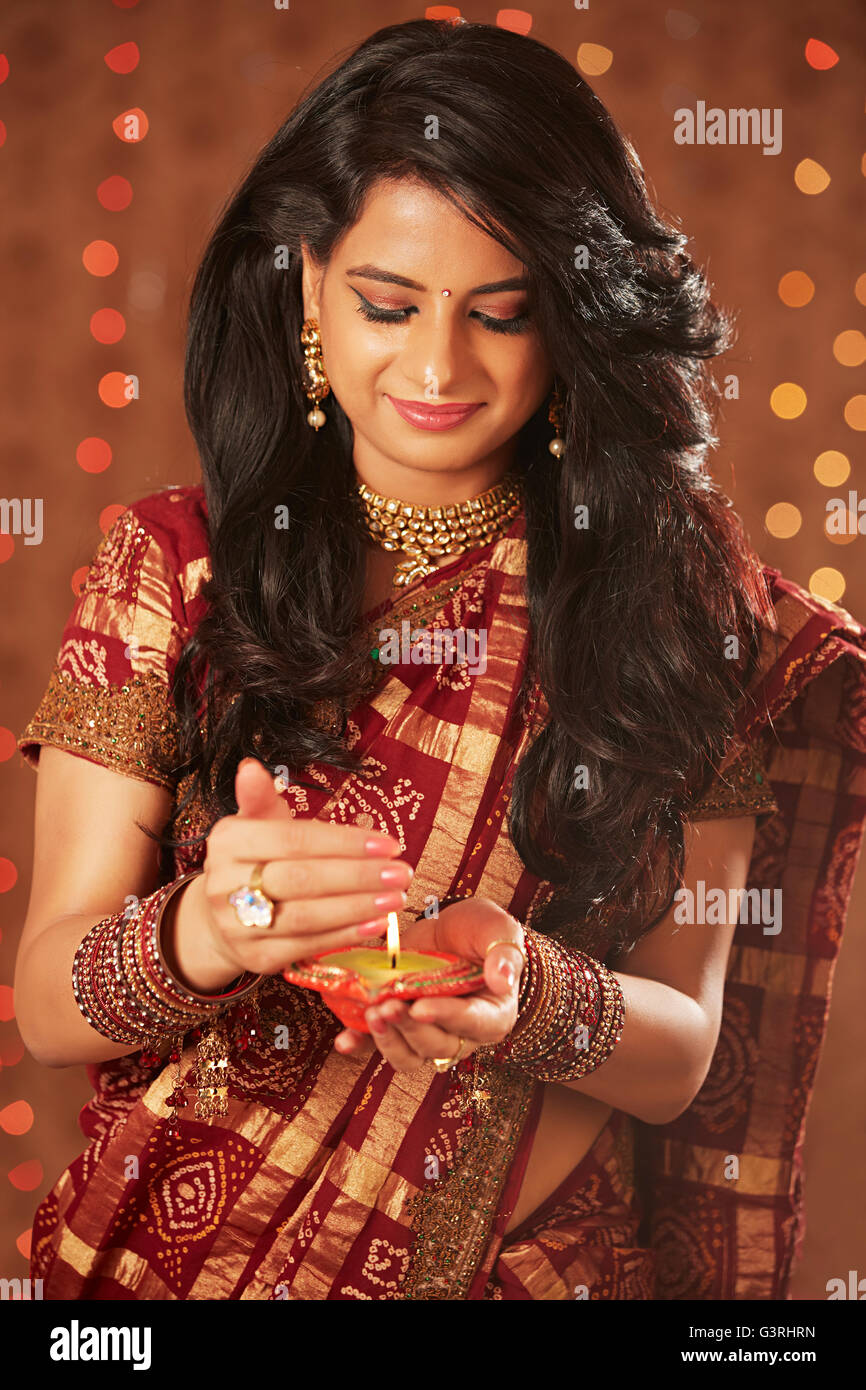 1 Beautiful Adult Woman Diwali Festival Diya Hands-cupped Wind Protection Stock Photo