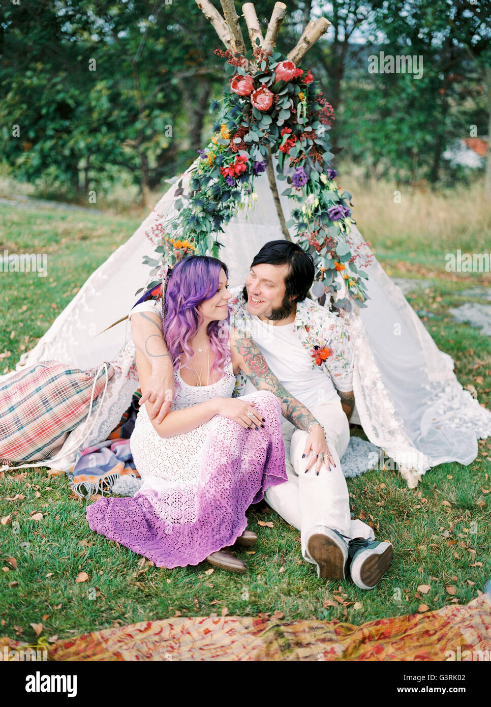 Sweden, Bride and groom sitting on 