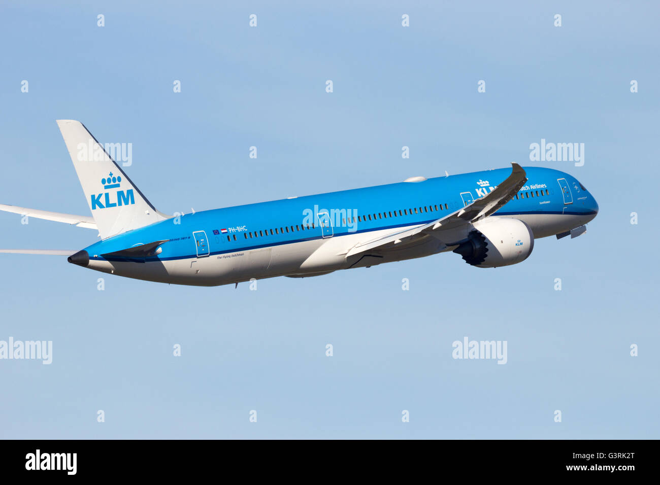 KLM Royal Dutch Airlines Boeing 787-9 Dreamliner take-off from Schiphol airport. Stock Photo