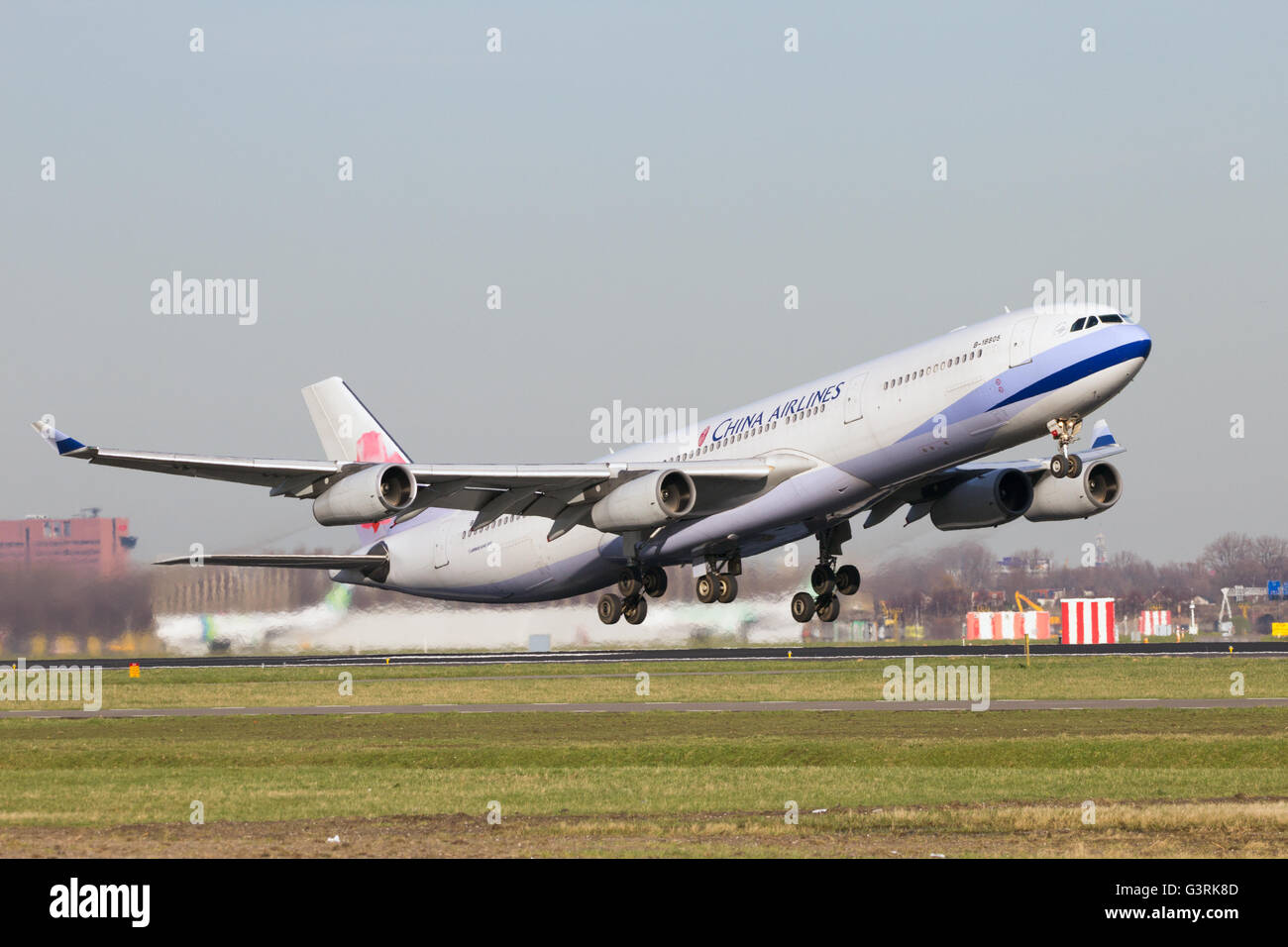 China Airlines Airbus A340-313 take-off from Schiphol airport Stock Photo