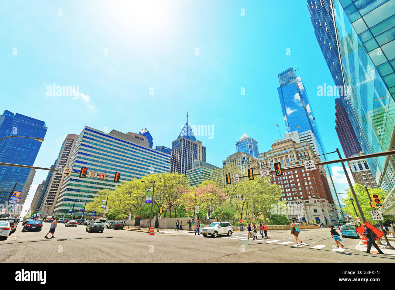 Philadelphia, USA May 4, 2015 JFK boulevard and Penn Center with skyline of skyscrapers in