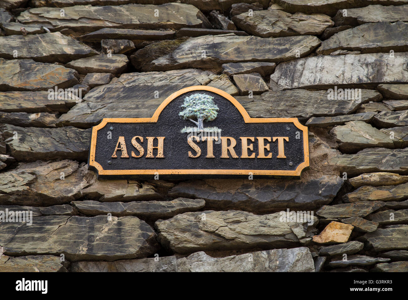 A street sign for Ash Street, located in Bowness-on-Windermere in the Lake District, UK. Stock Photo