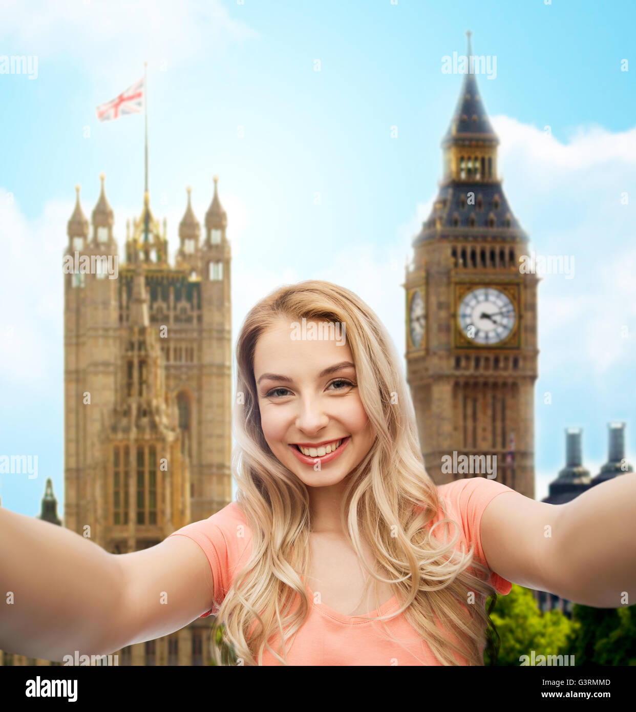  Smiling young woman taking selfie city big ben background hi-res stock ...