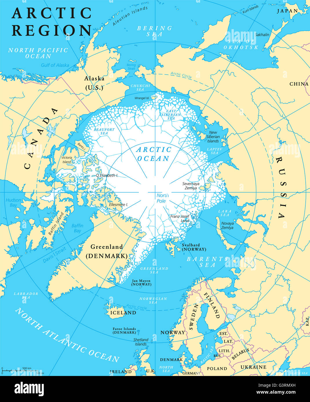 Arctic region map with countries, capitals, borders, rivers and lakes. Arctic Ocean with average minimum extent of sea ice. Stock Photo