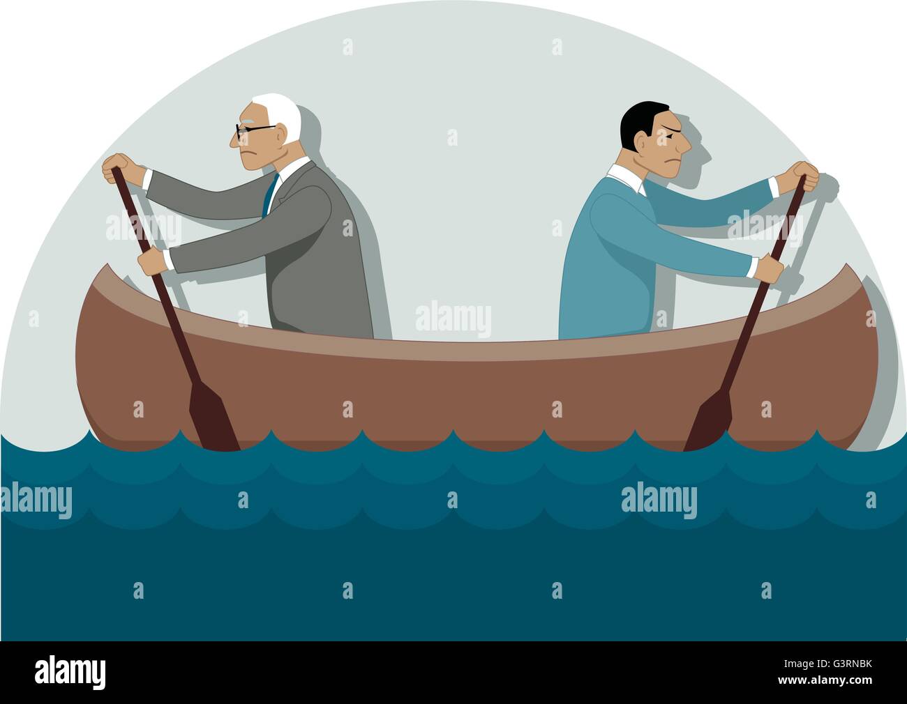 Two businessmen, one young and one older, rowing in the different