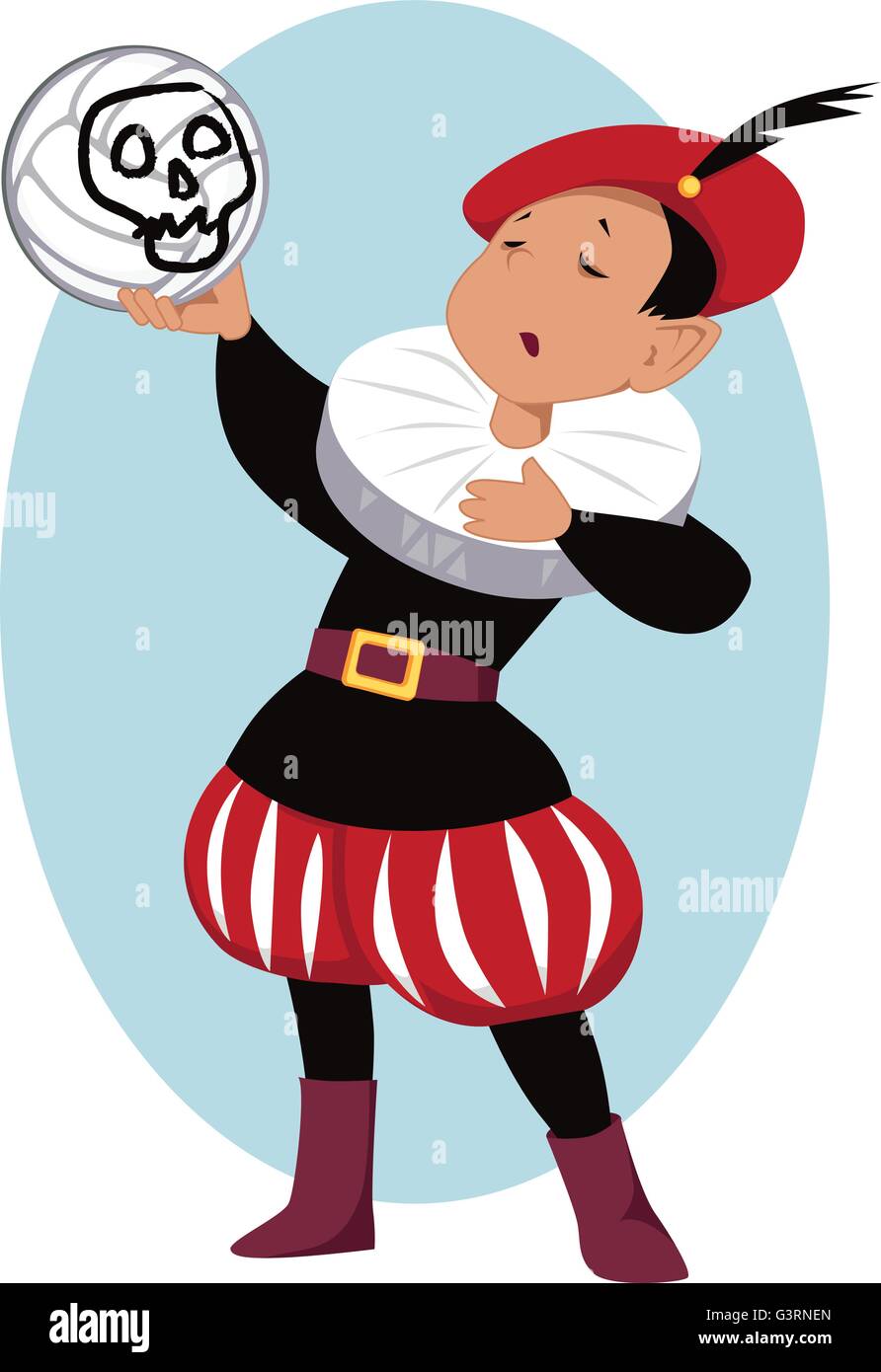 Little boy playing Hamlet in a school play, holding a volleyball with a scull painted on it Stock Vector