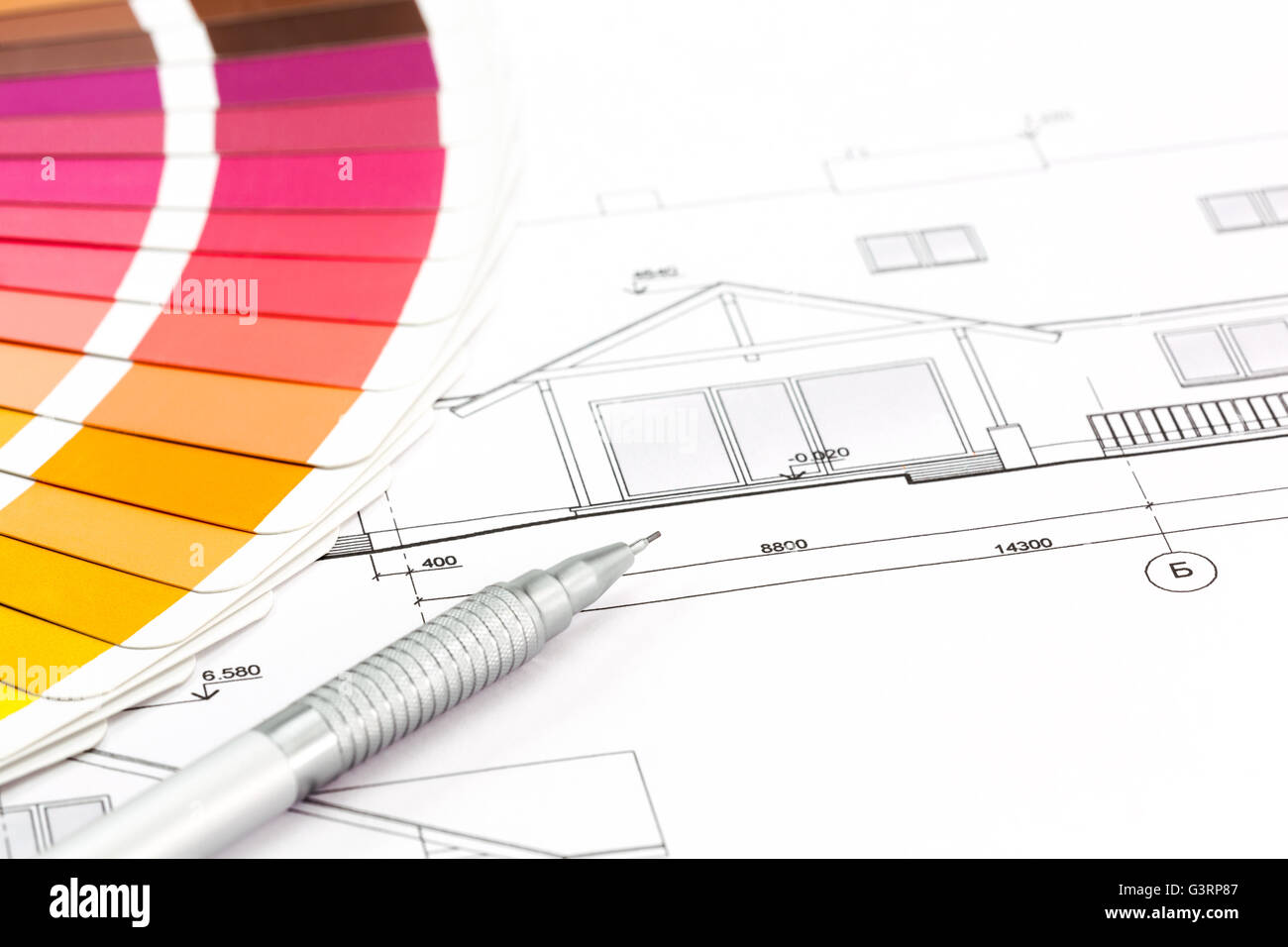 Architectural drawings of the modern house and color samples catalog ...