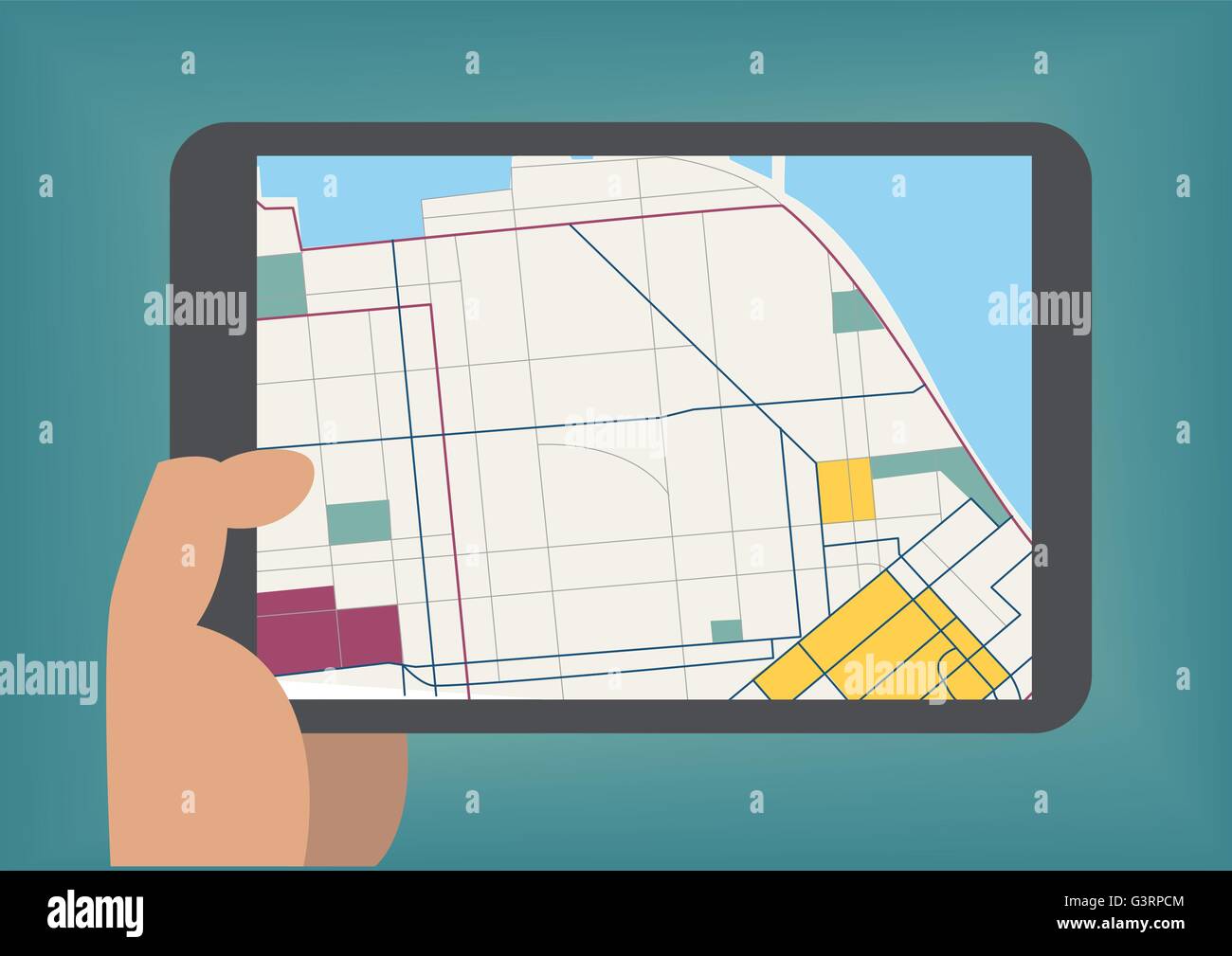 Digital mobile maps concept as vector illustration with hand holding tablet Stock Vector